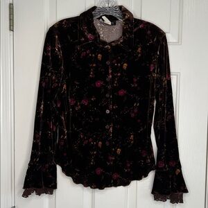 Vintage brown velvet lace bell sleeves rose floral button up long sleeve top S